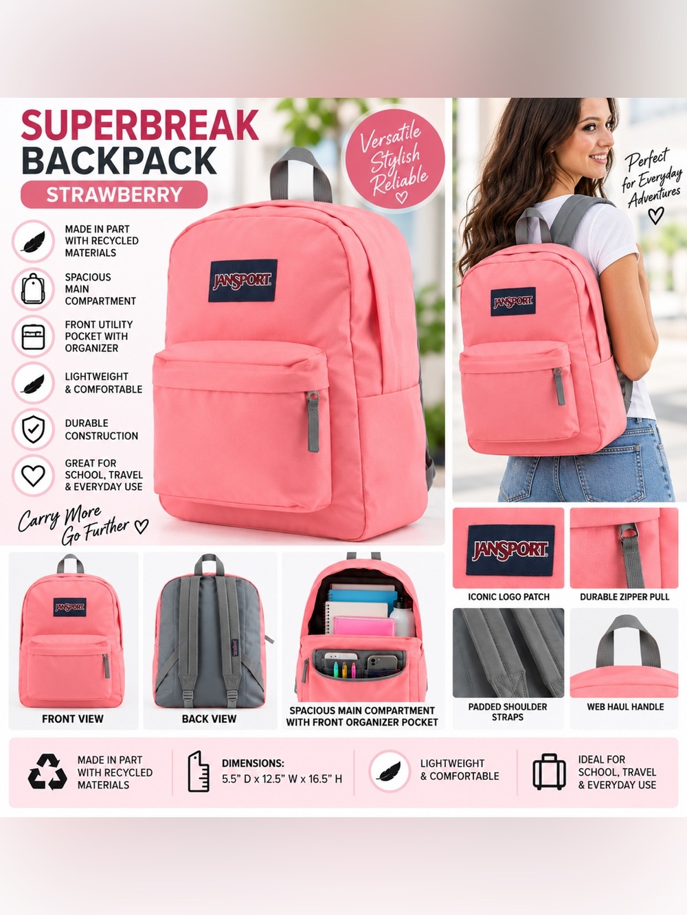 JANSPORT SUPERBREAK BACKPACK STRAWBERRY (NEW WITH TAGS) A28